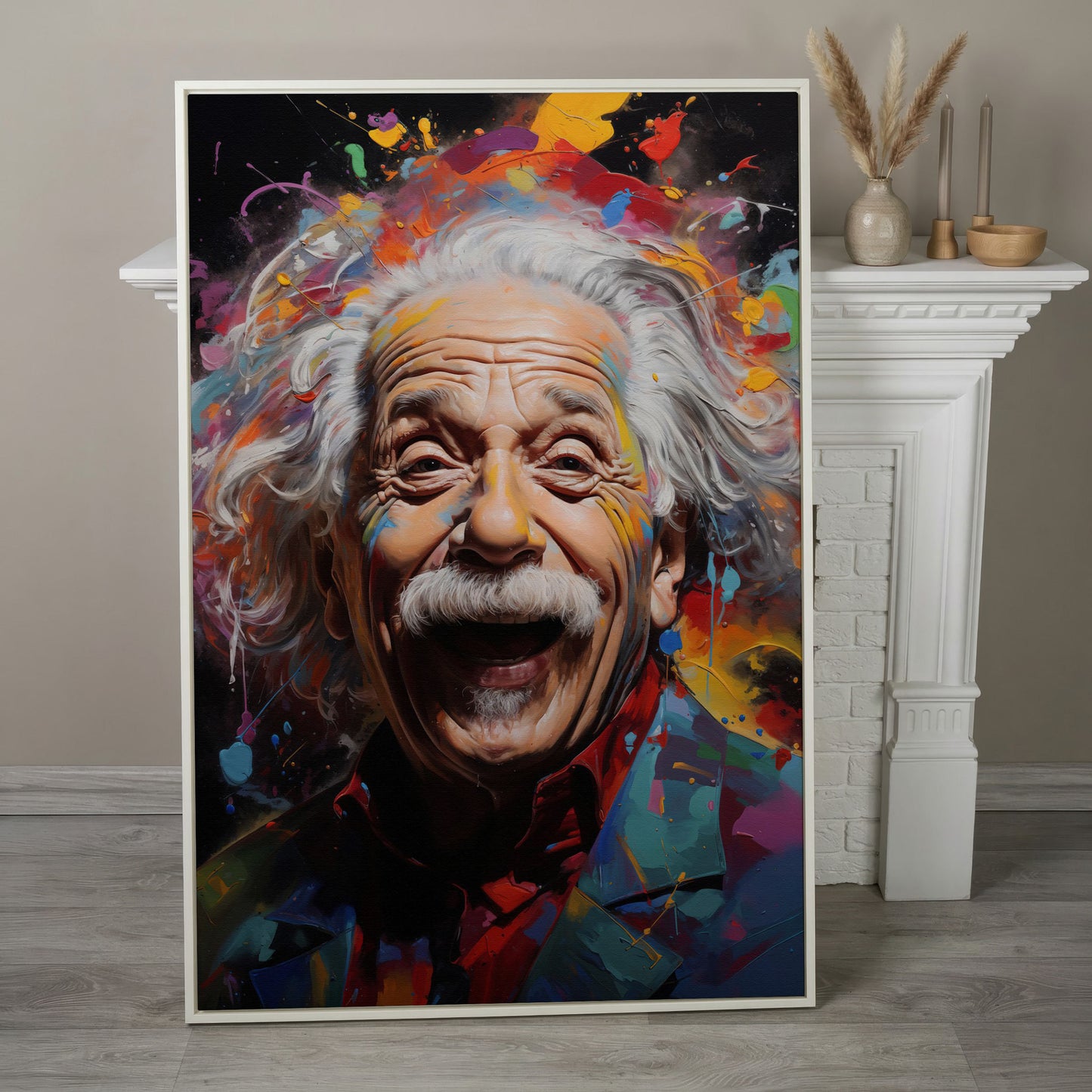 Einstein Laughing Pop Art Canvas in white floating frame