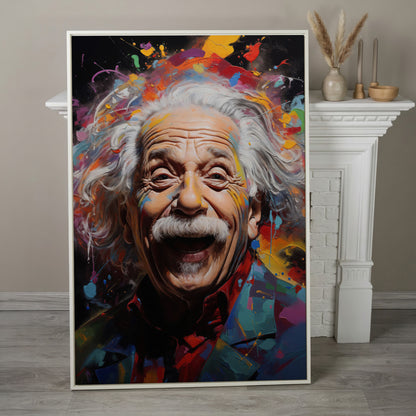 Einstein Laughing Pop Art Canvas in white floating frame