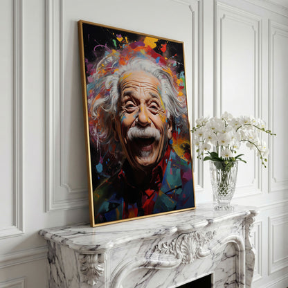 Einstein Laughing Pop Art Canvas in yellow gold floating frame
