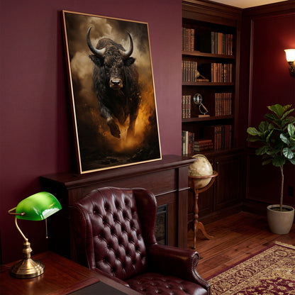 Black Bull Charging Forward Canvas Art in antique gold floating frame