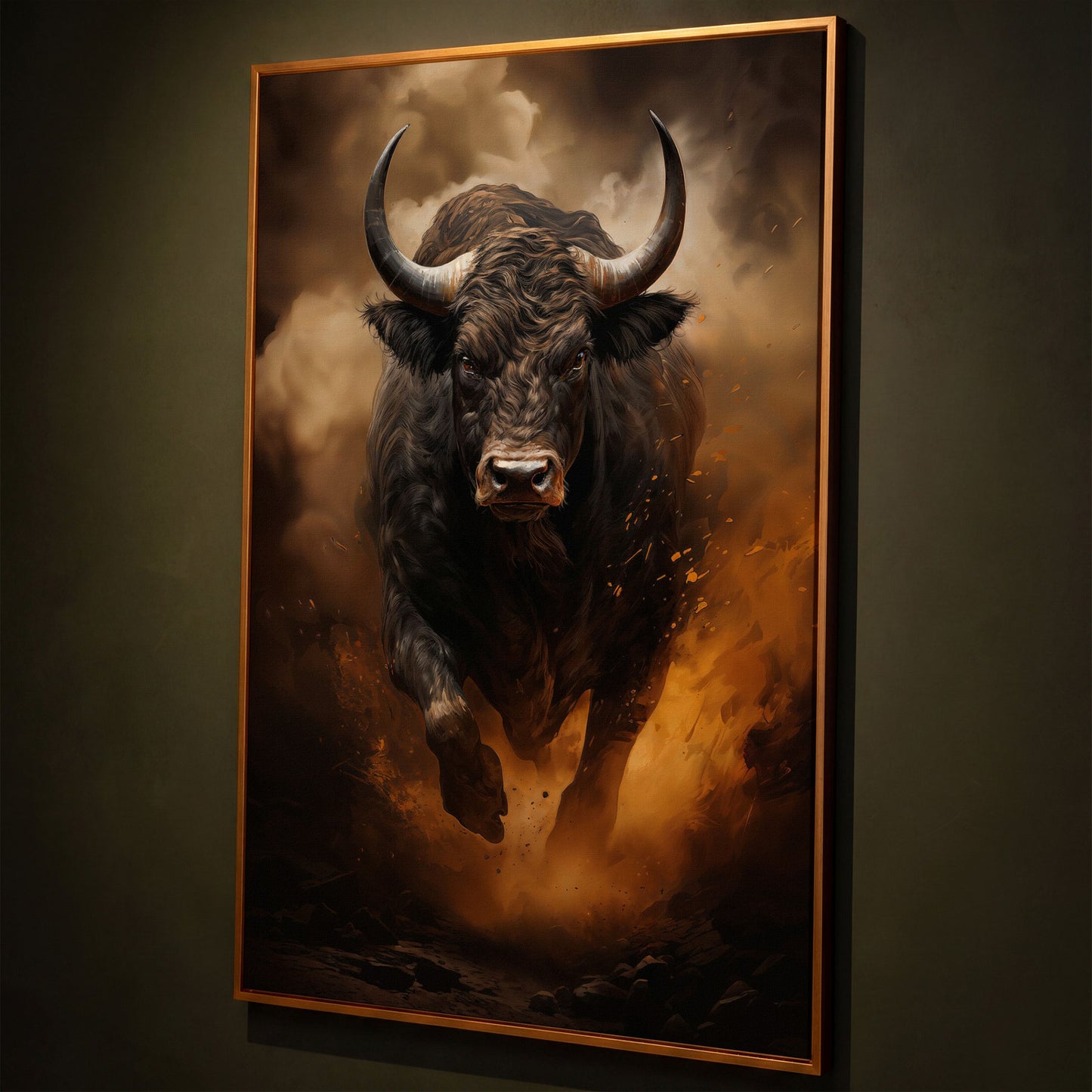 Black Bull Charging Forward Canvas Art shown in antique gold floating frame