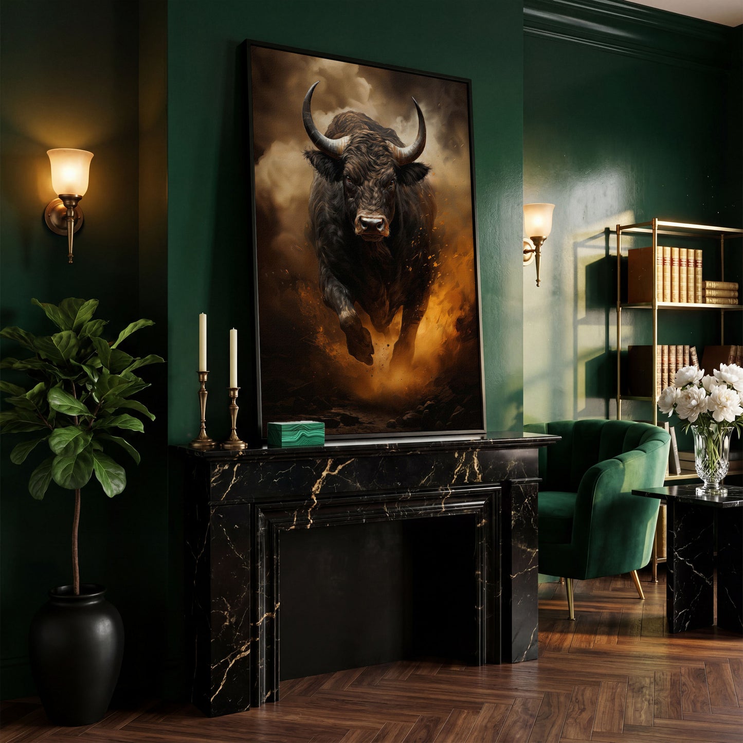Black Bull Charging Forward Canvas Art in black floating frame