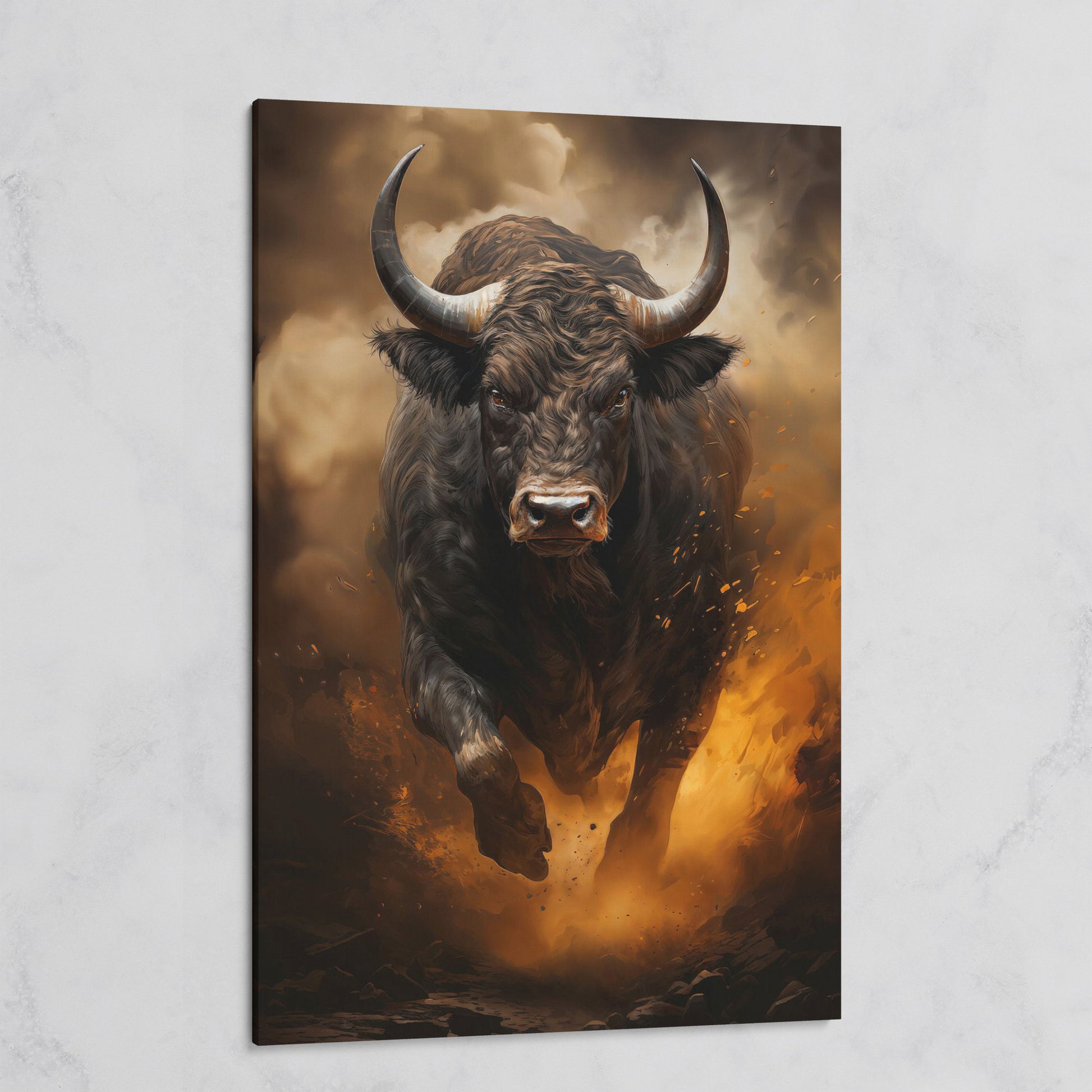 Black Bull Charging Forward Canvas Art on gallery wrap