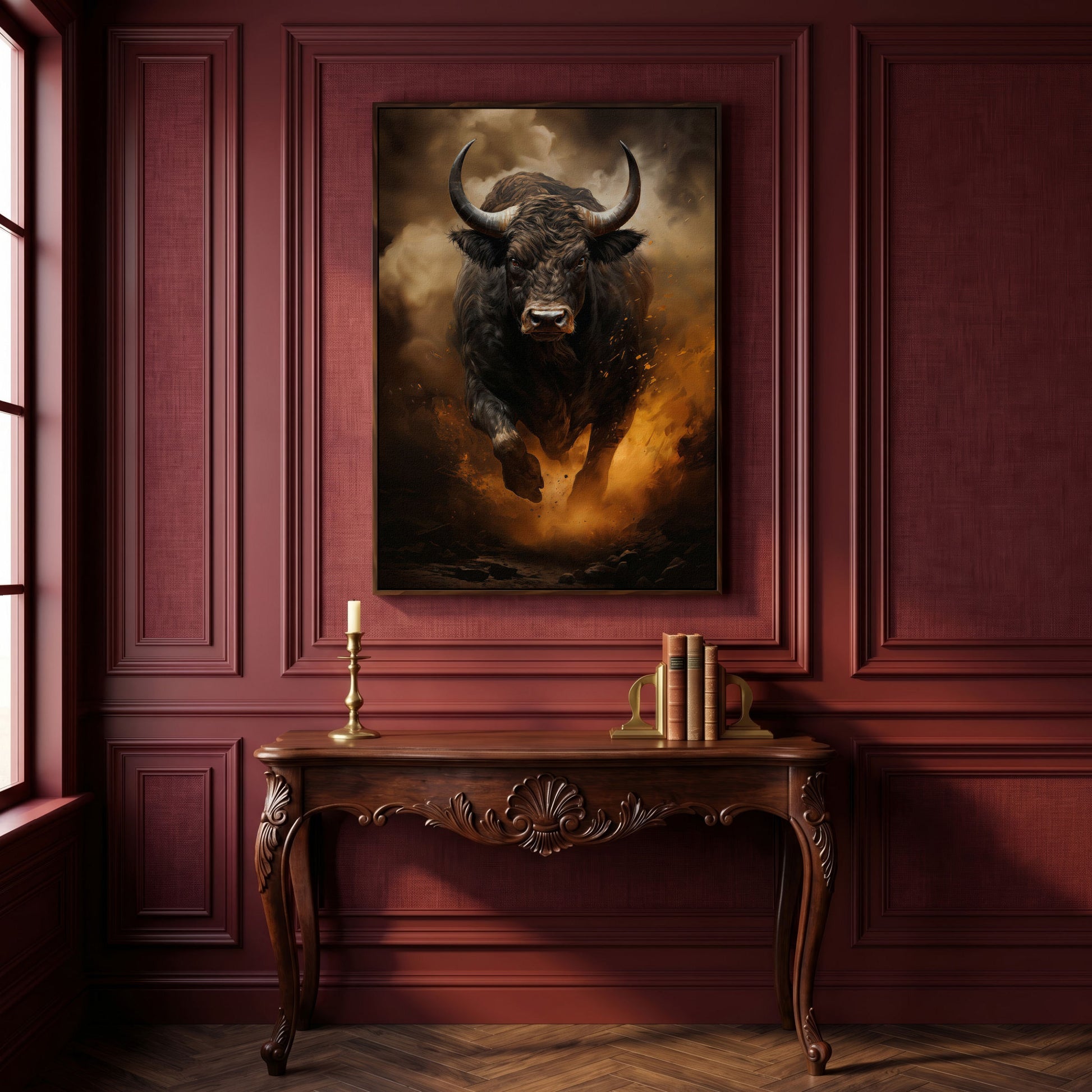 Black Bull Charging Forward Canvas Art in dark walnut floating frame