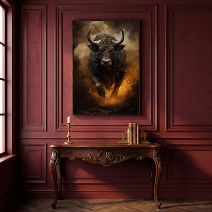 Black Bull Charging Forward Canvas Art in dark walnut floating frame