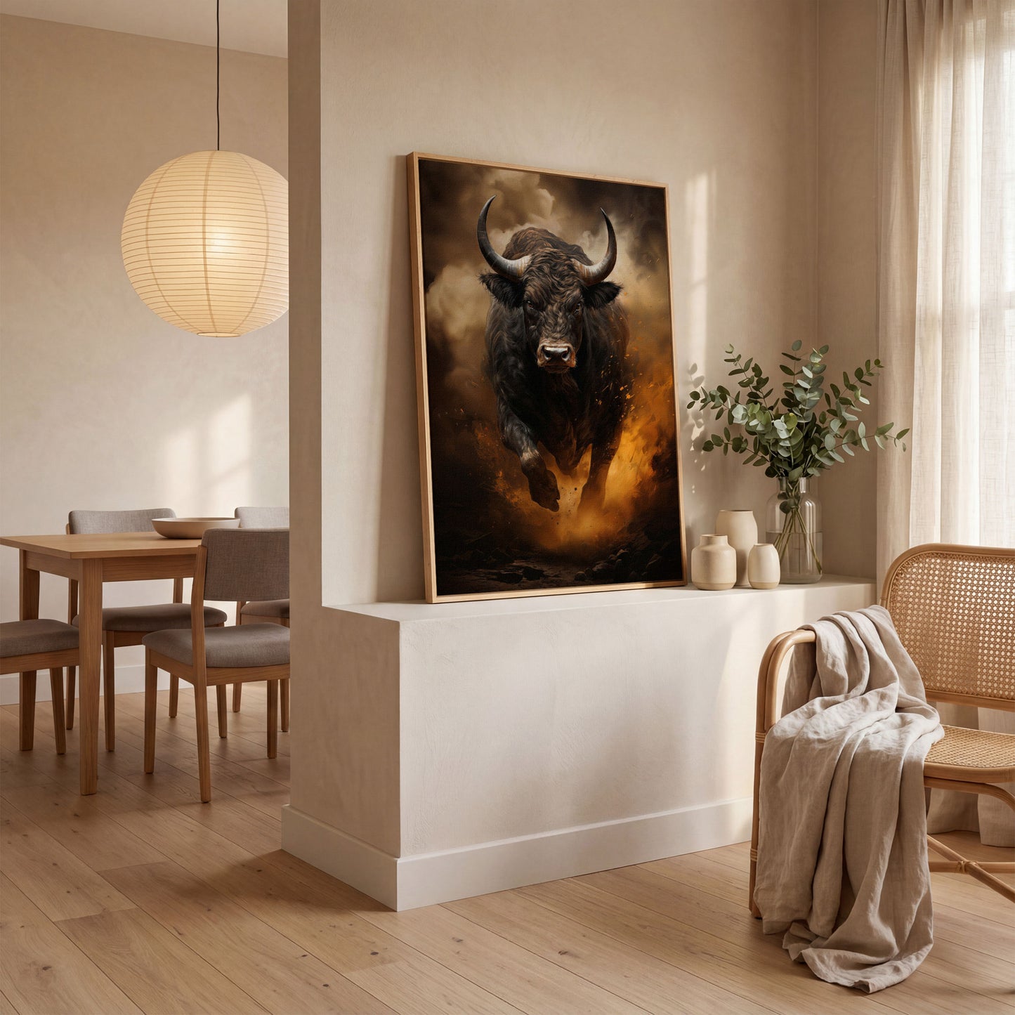 Black Bull Charging Forward Canvas Art in white oak floating frame