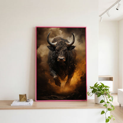 Black Bull Charging Forward Canvas Art in pink floating frame