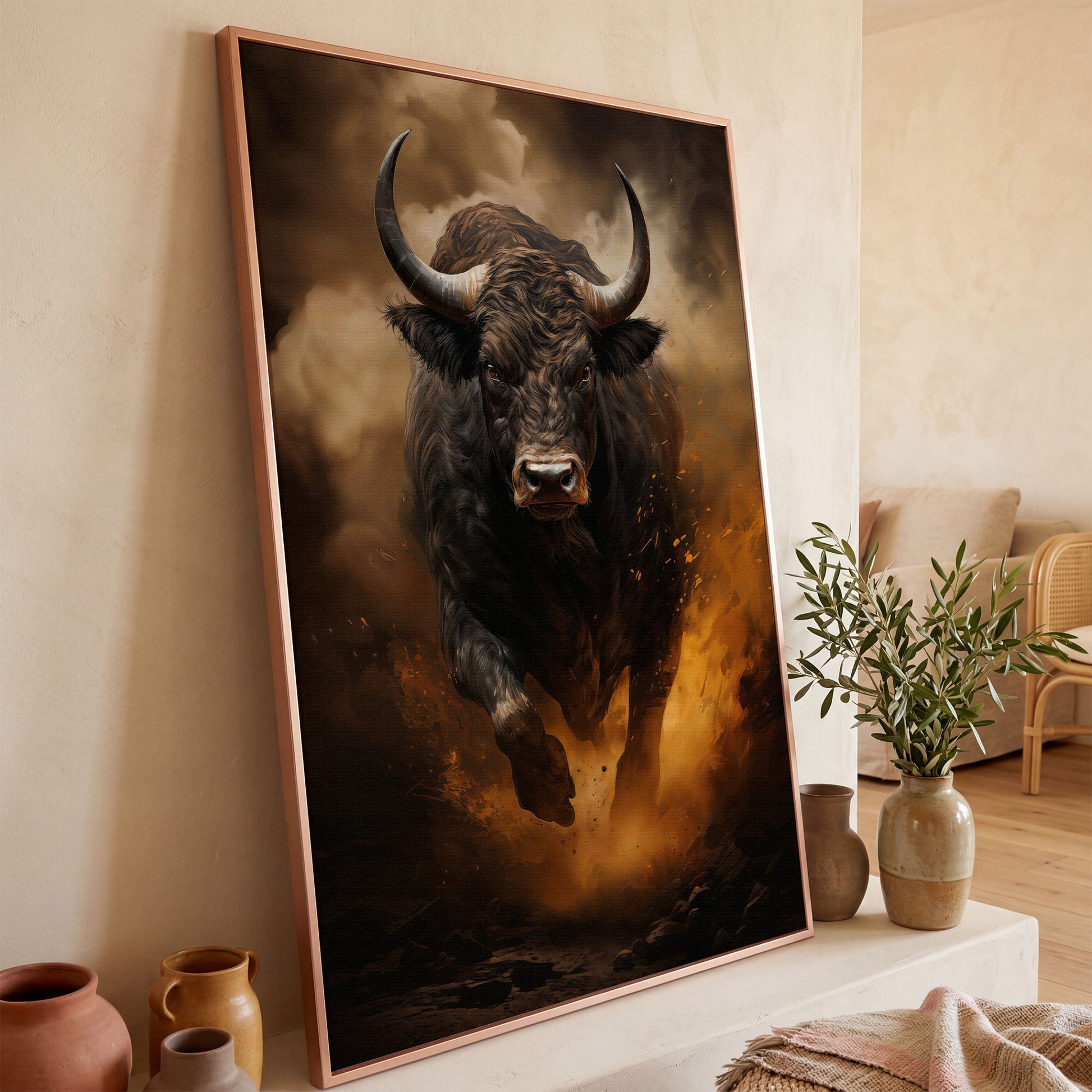 Black Bull Charging Forward Canvas Art in rose gold floating frame