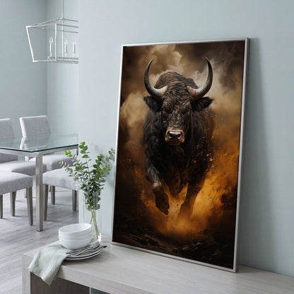 Black Bull Charging Forward Canvas Art in silver floating frame