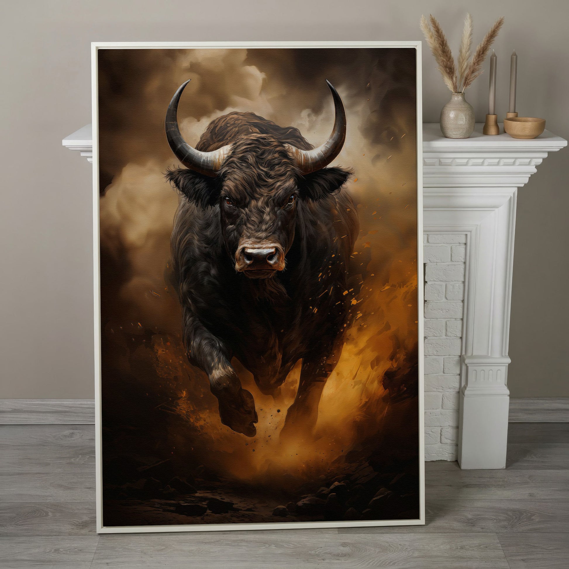 Black Bull Charging Forward Canvas Art in white floating frame