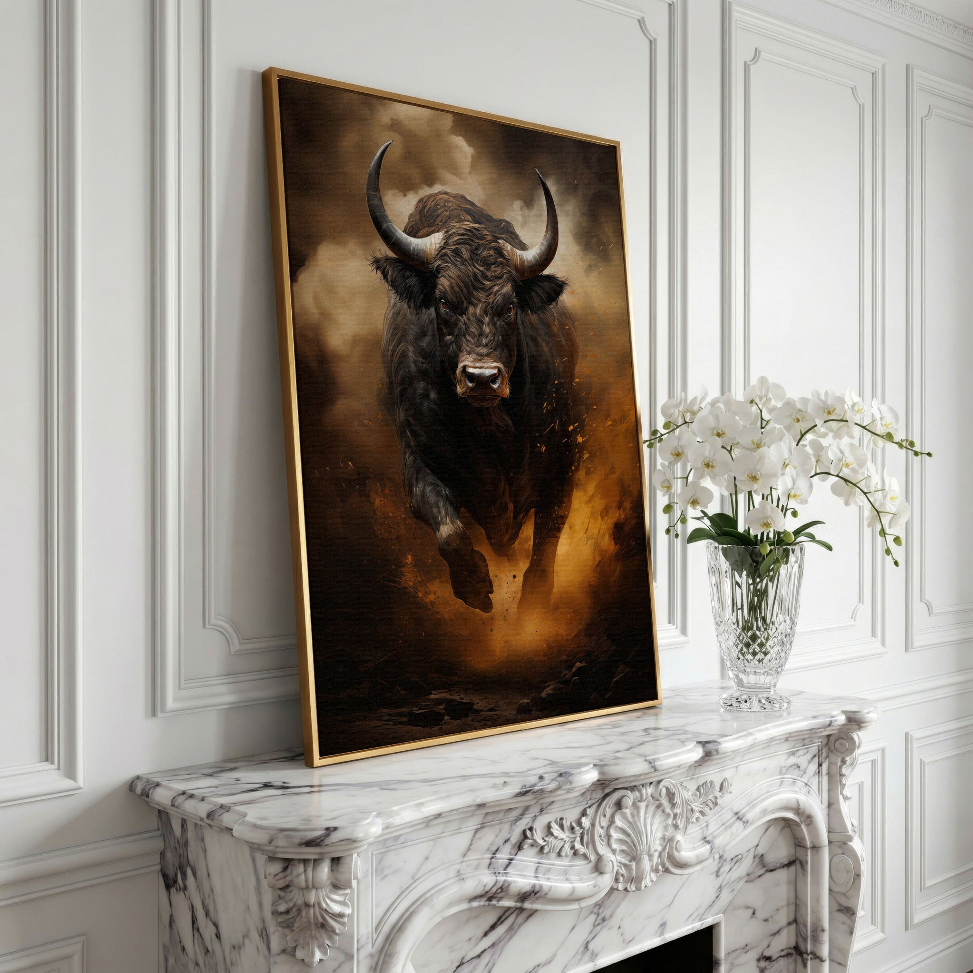 Black Bull Charging Forward Canvas Art in yellow gold floating frame