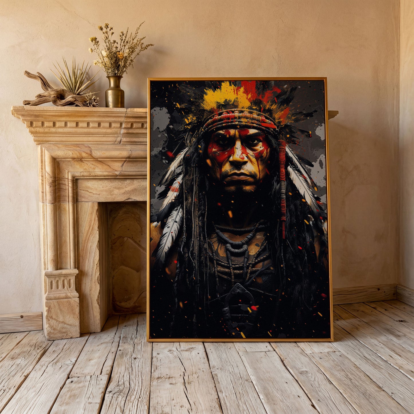 Angry Chief Portrait Canvas Print in antique gold floating frame