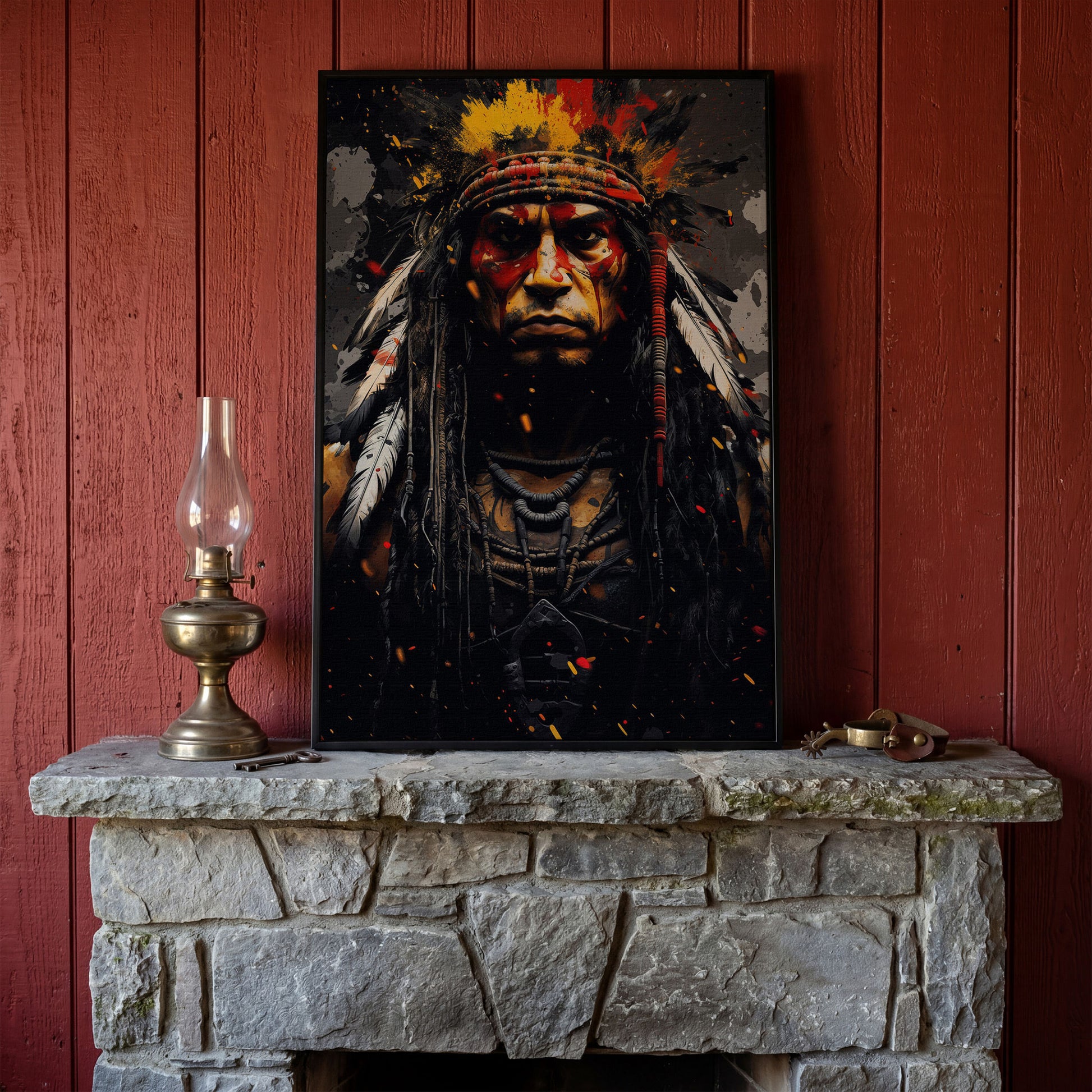 Angry Chief Portrait Canvas Print in black floating frame