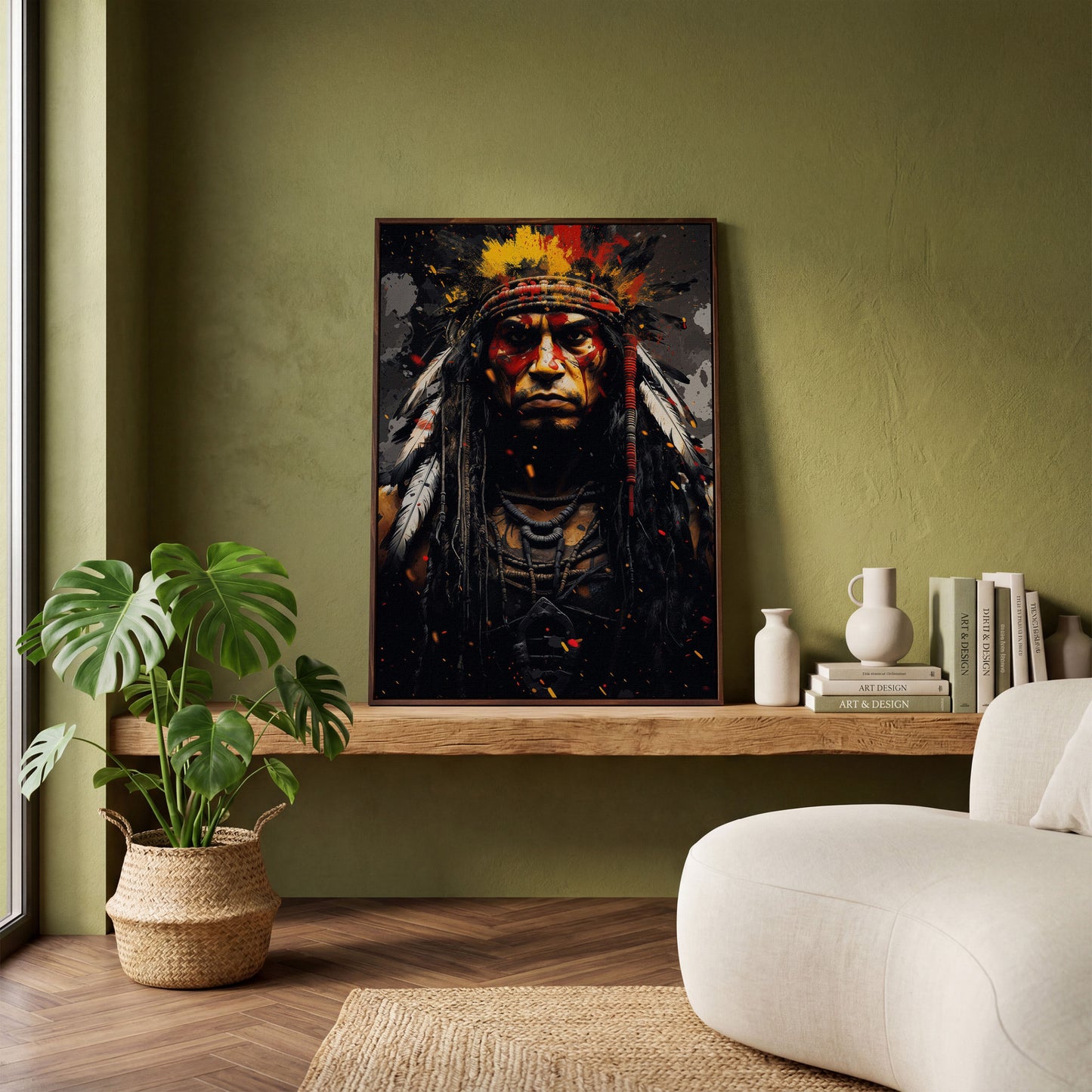 Angry Chief Portrait Canvas Print in dark walnut floating frame