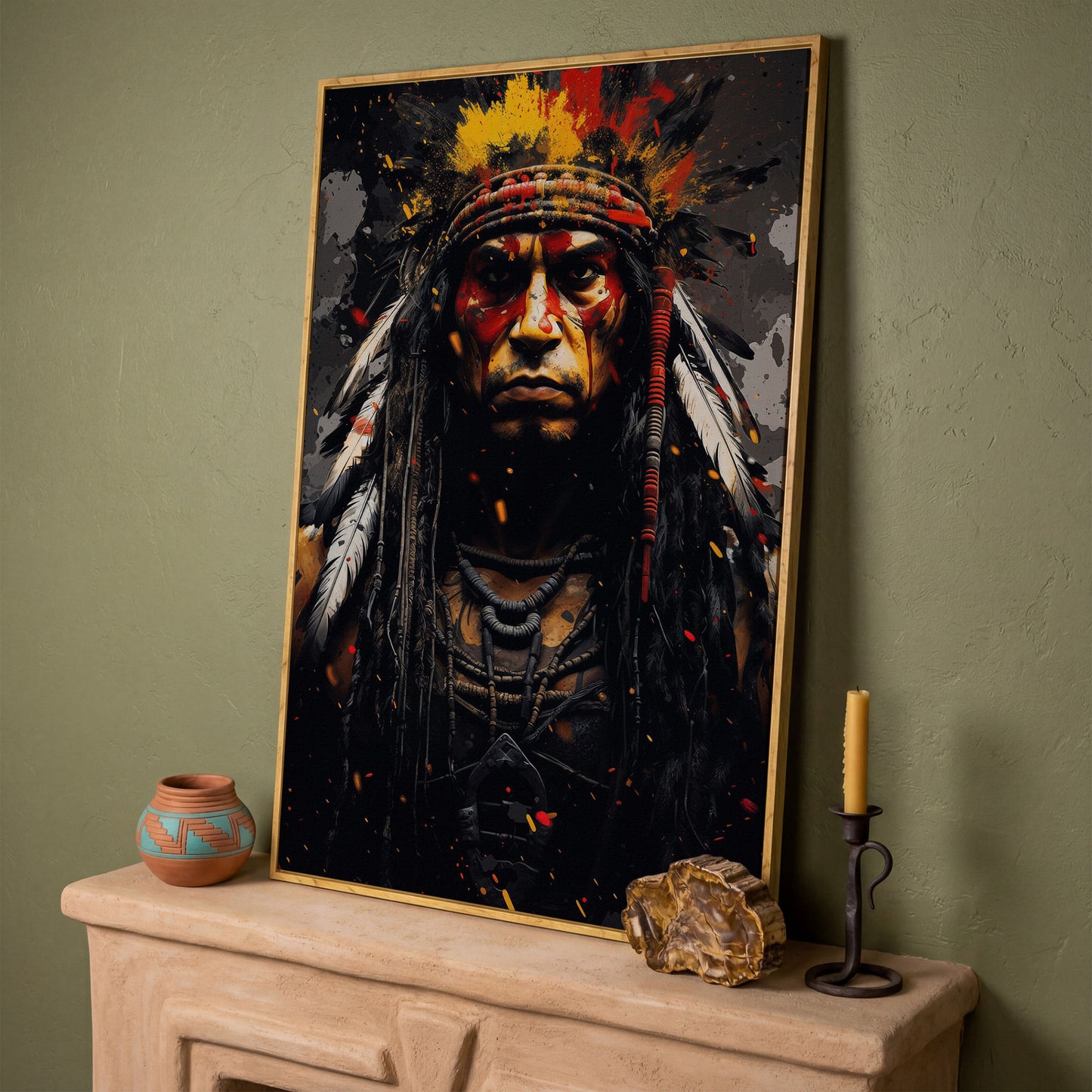 Angry Chief Portrait Canvas Print in white oak floating frame
