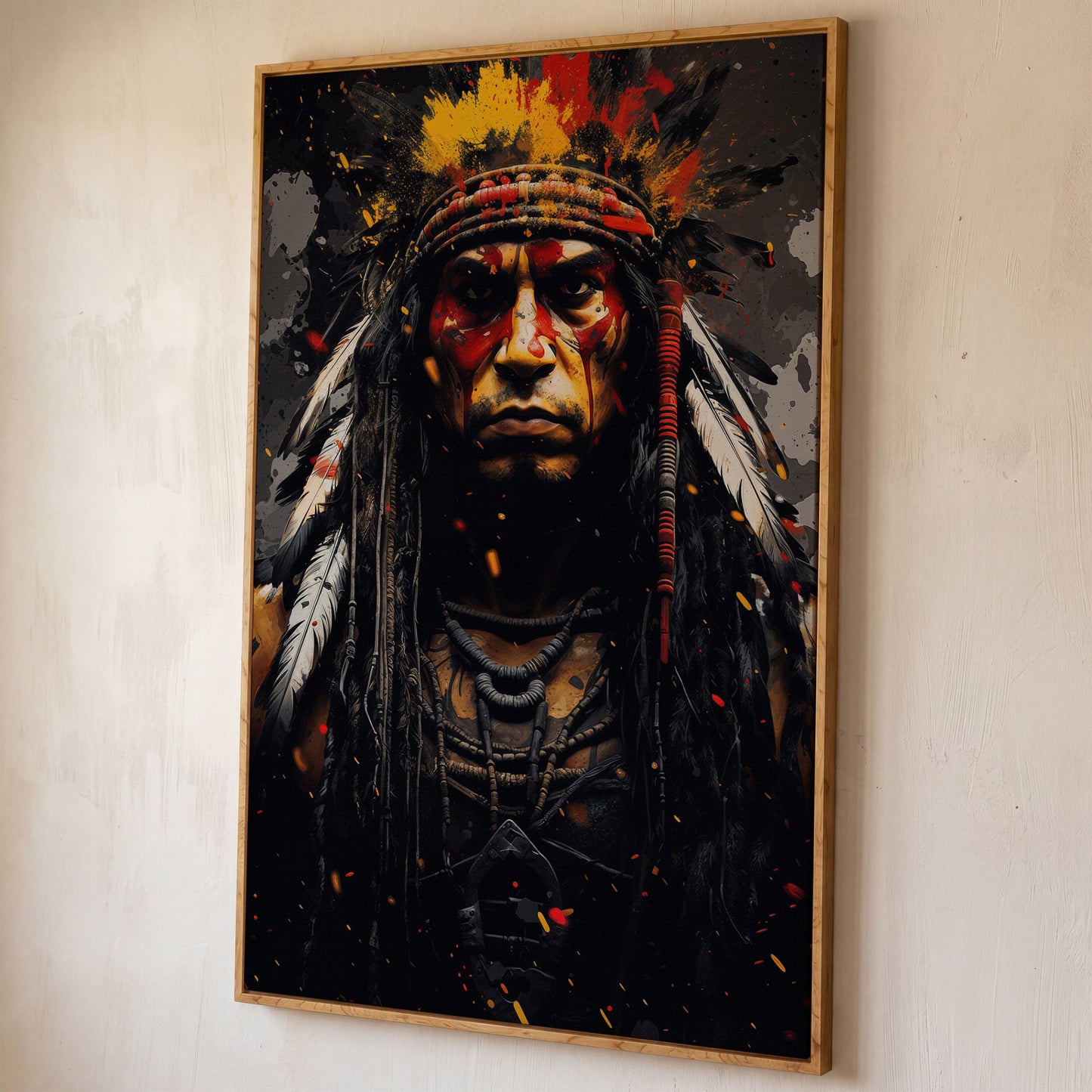 Angry Chief Portrait Canvas Print shown in white oak floating frame