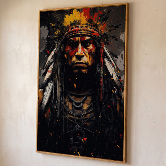 Angry Chief Portrait Canvas Print shown in white oak floating frame