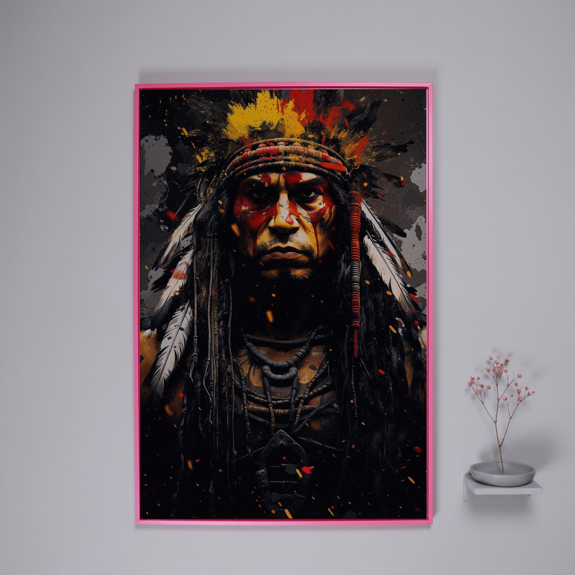 Angry Chief Portrait Canvas Print in pink floating frame