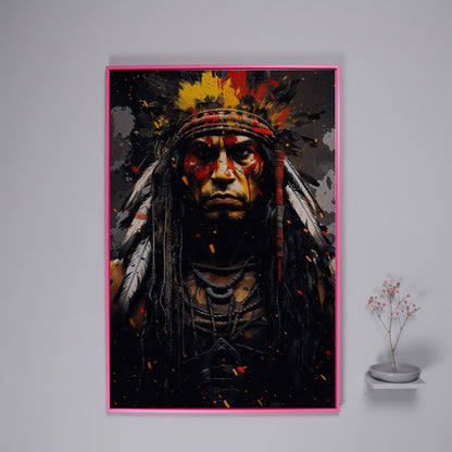 Angry Chief Portrait Canvas Print in pink floating frame