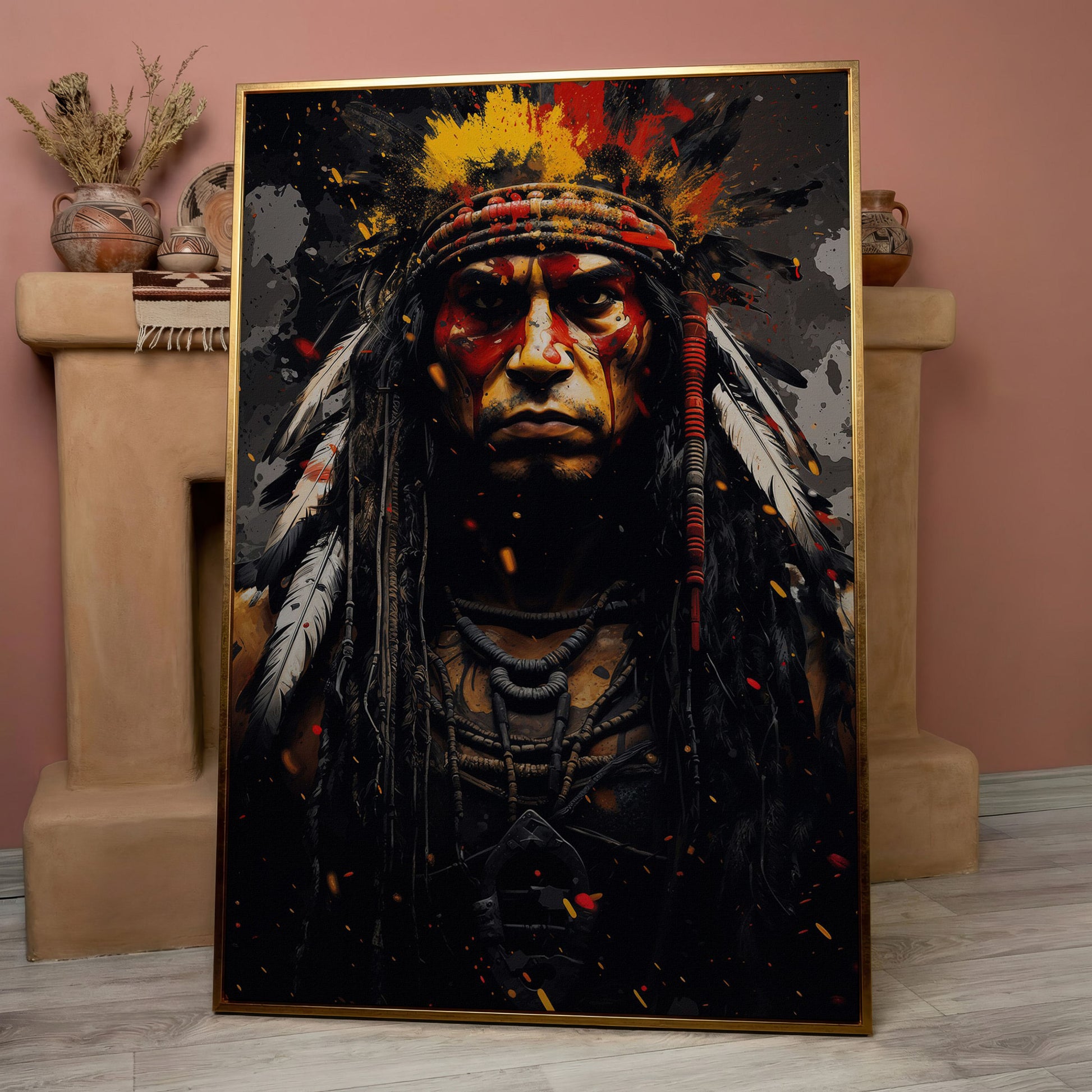 Angry Chief Portrait Canvas Print in rose gold floating frame