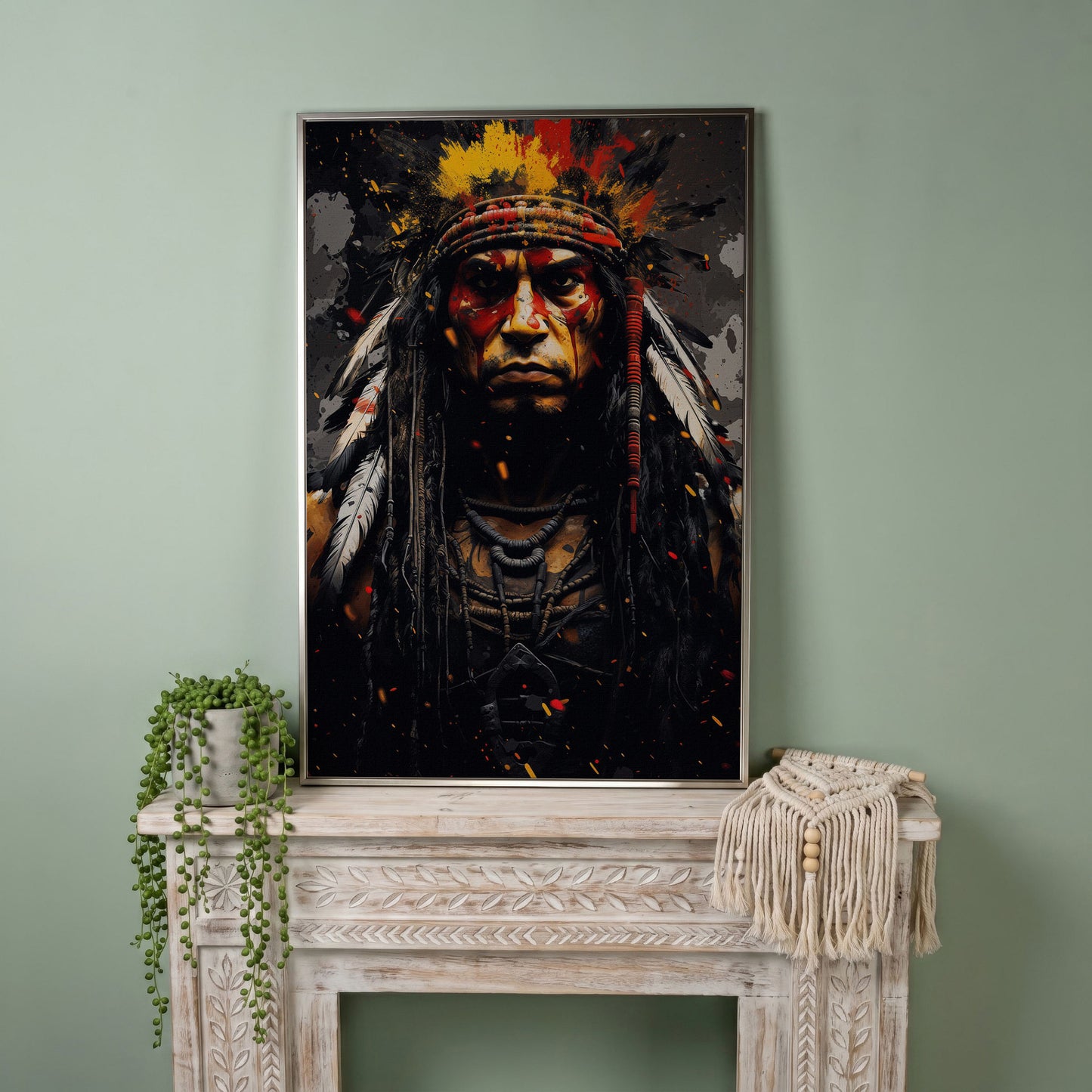 Angry Chief Portrait Canvas Print in silver floating frame