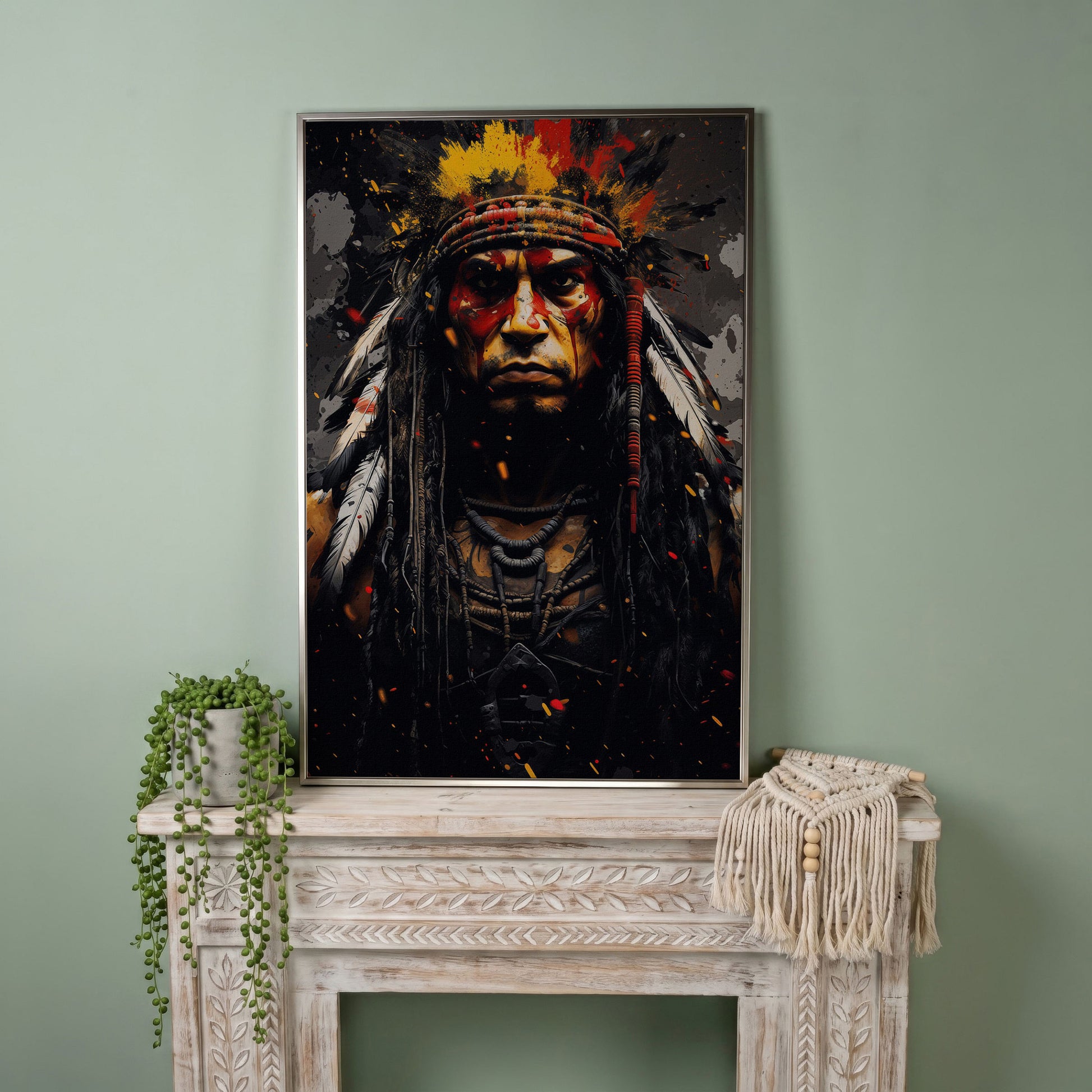 Angry Chief Portrait Canvas Print in silver floating frame