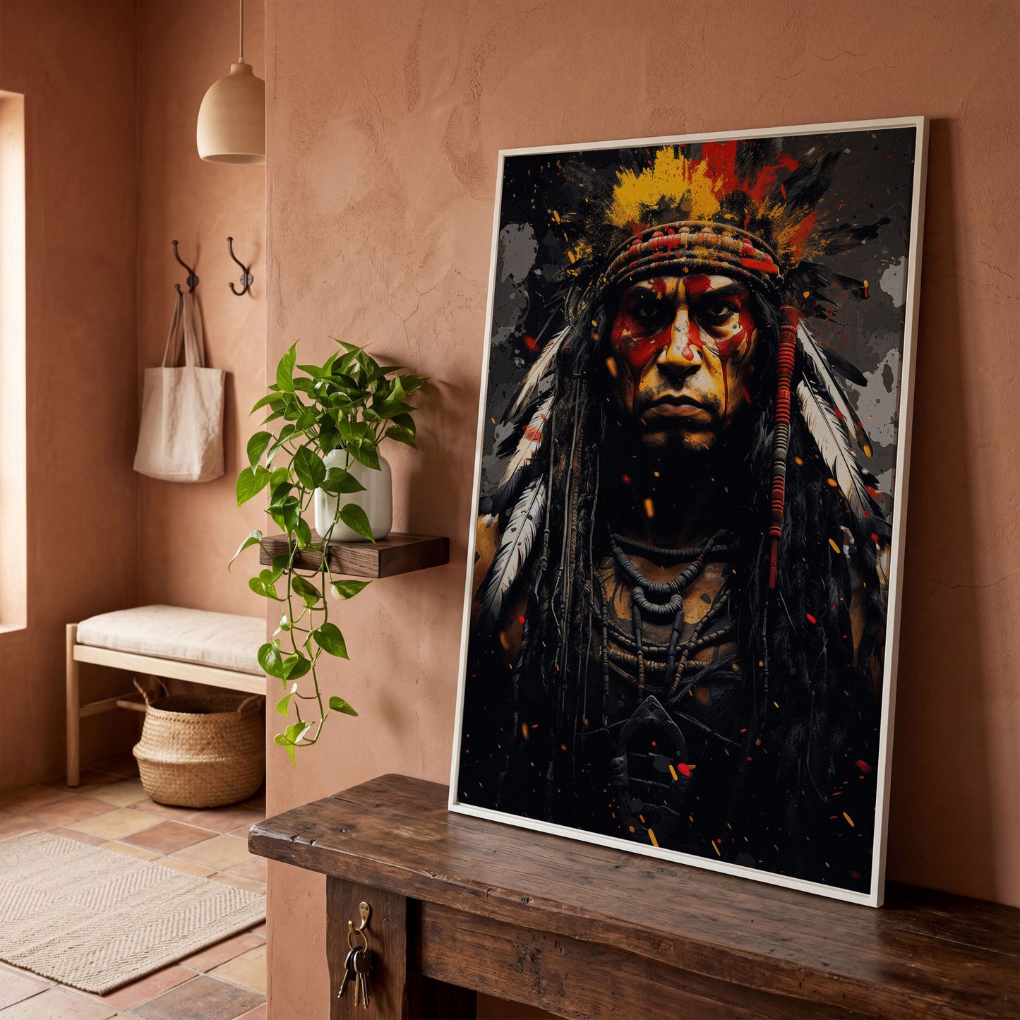 Angry Chief Portrait Canvas Print in white floating frame