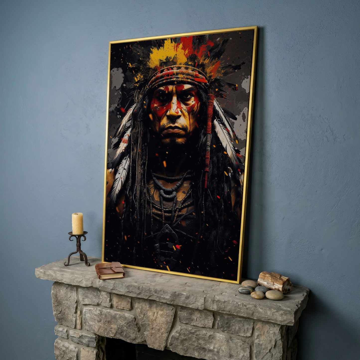 Angry Chief Portrait Canvas Print in yellow gold floating frame