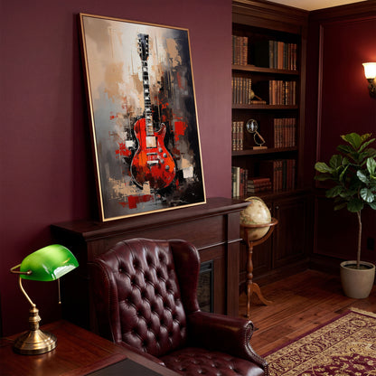 Red Guitar Canvas Print for Music Rooms and Studios in antique gold floating frame