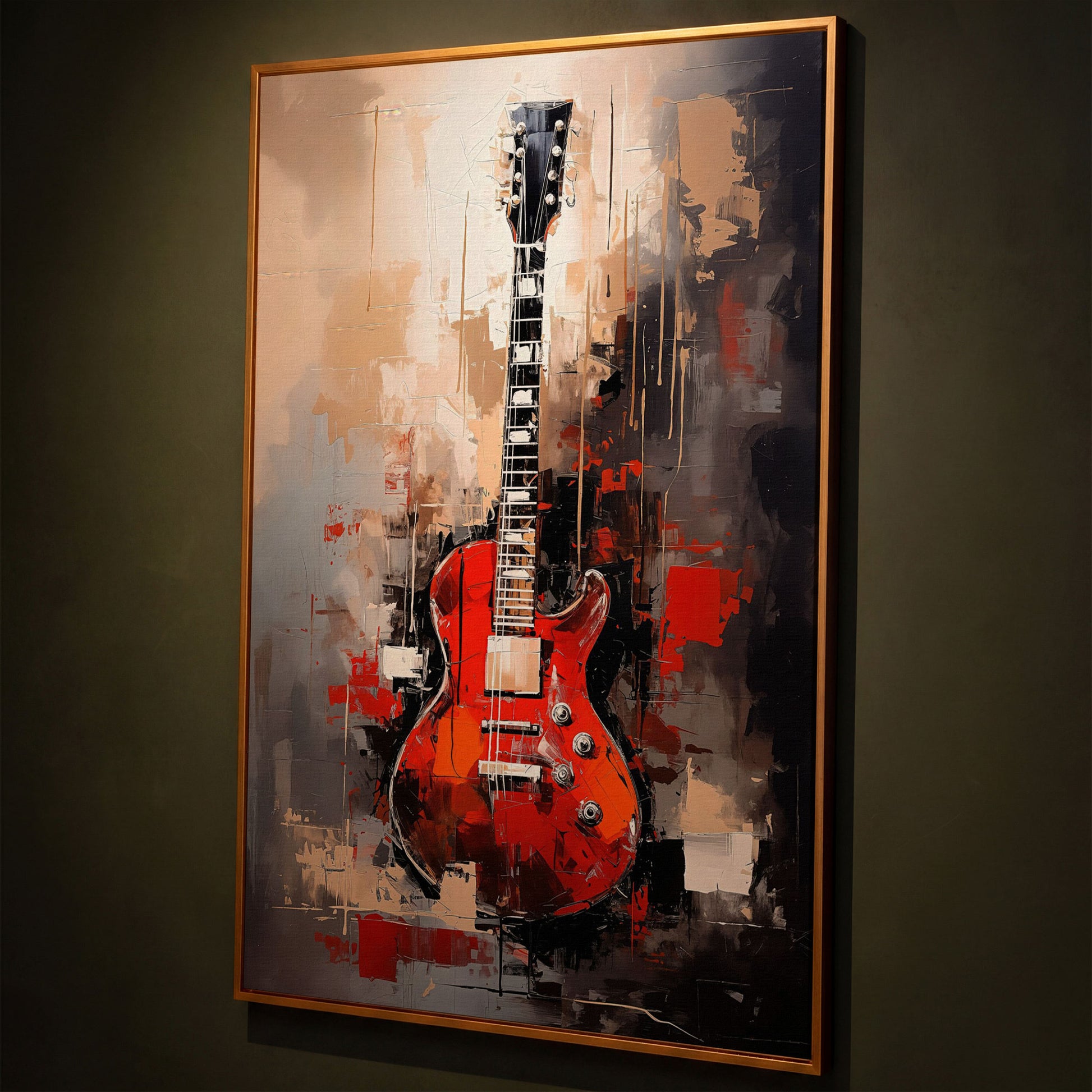 Red Guitar Canvas Print for Music Rooms and Studios shown in antique gold floating frame