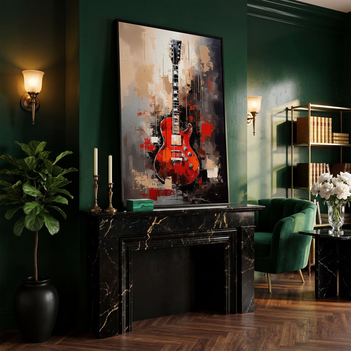 Red Guitar Canvas Print for Music Rooms and Studios in black floating frame