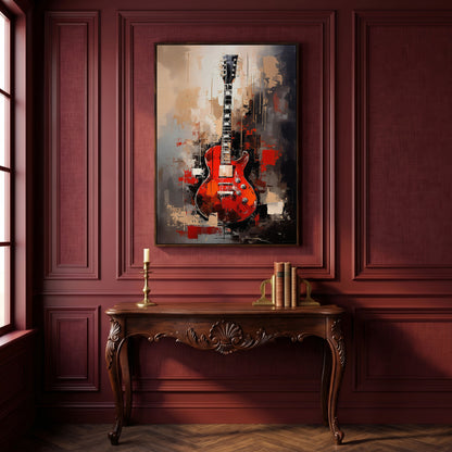 Red Guitar Canvas Print for Music Rooms and Studios in dark walnut floating frame