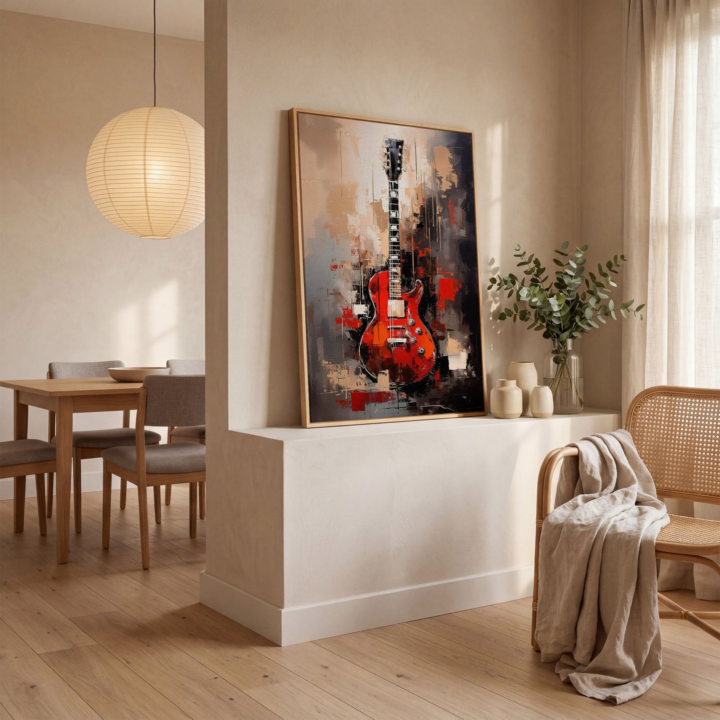 Red Guitar Canvas Print for Music Rooms and Studios in white oak floating frame