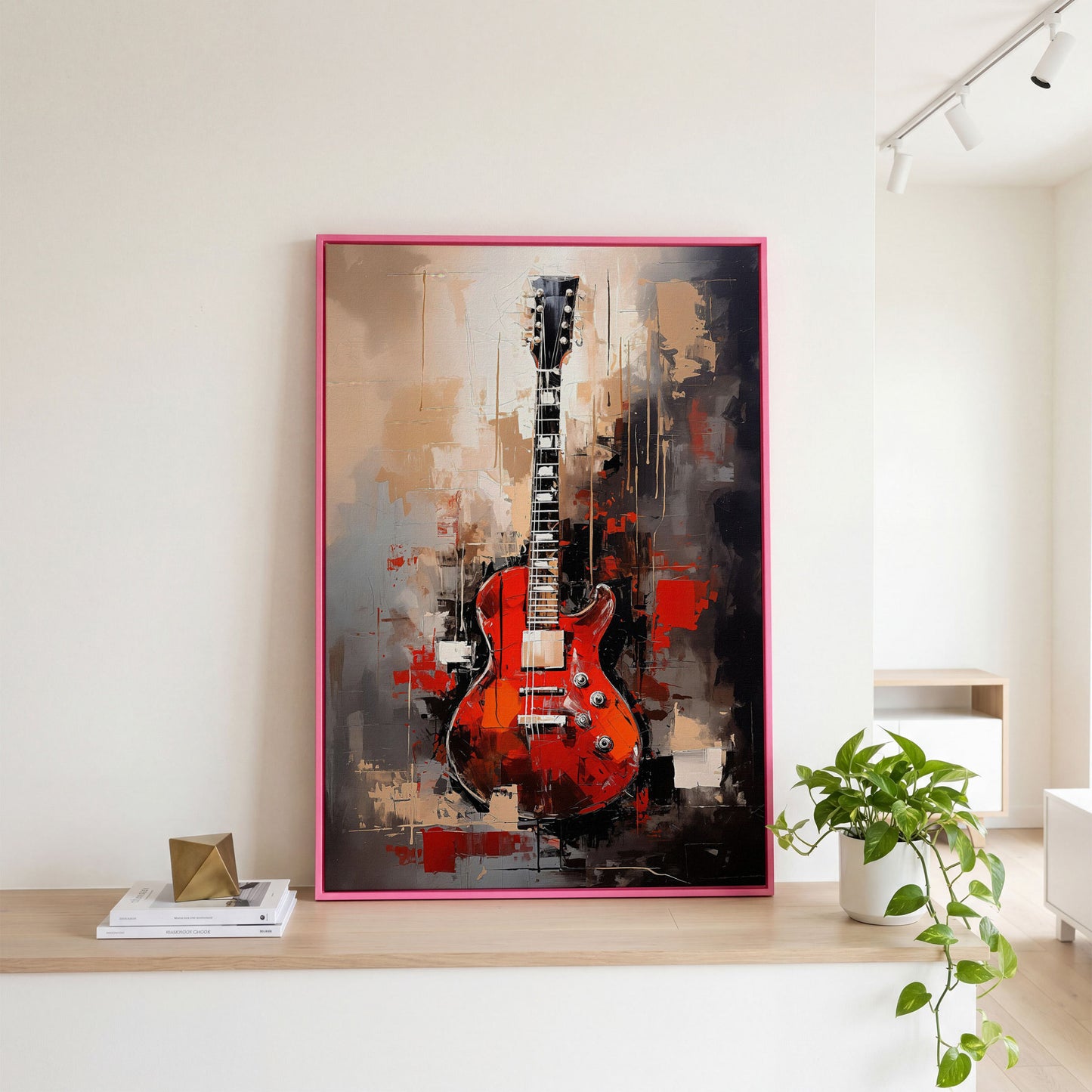 Red Guitar Canvas Print for Music Rooms and Studios in pink floating frame