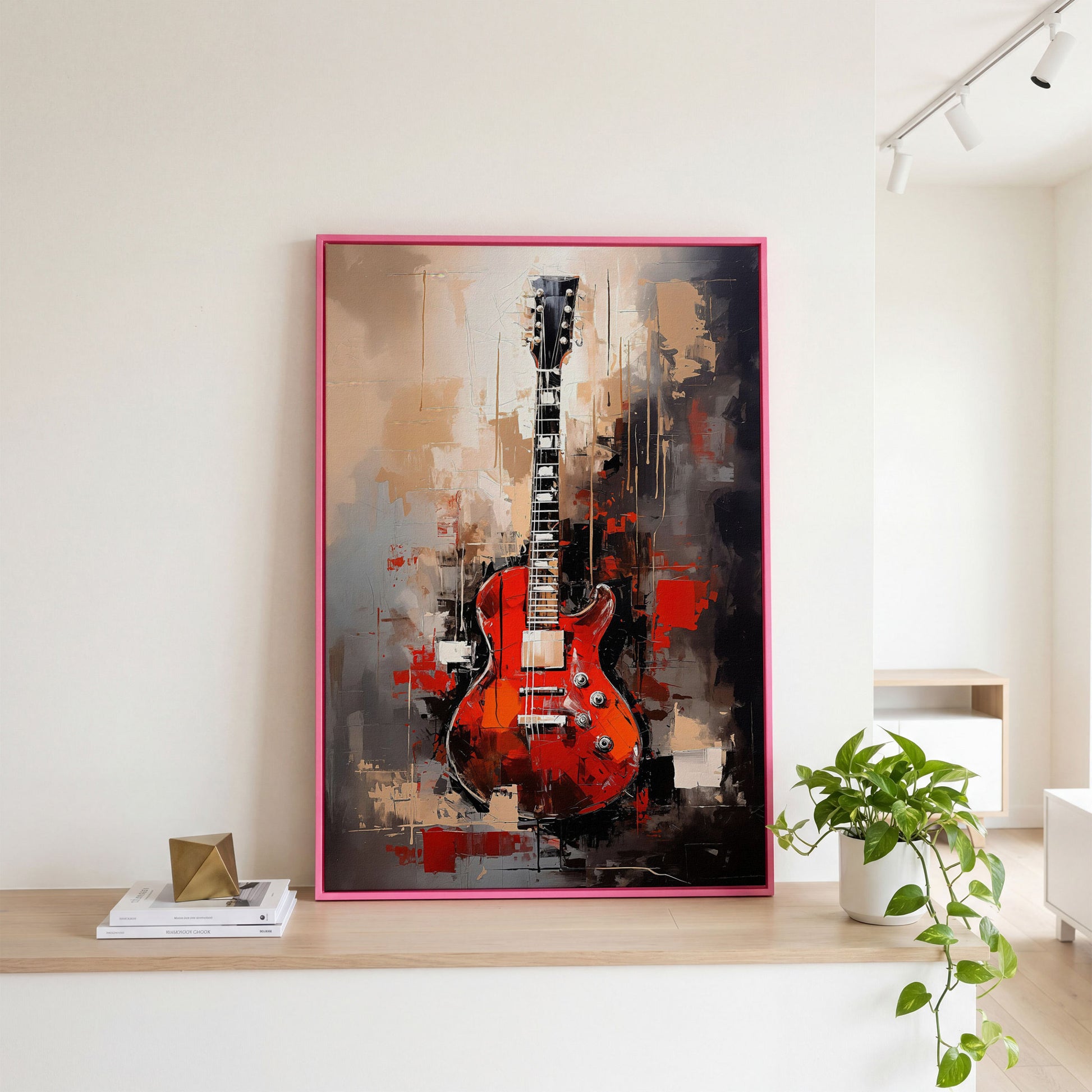 Red Guitar Canvas Print for Music Rooms and Studios in pink floating frame