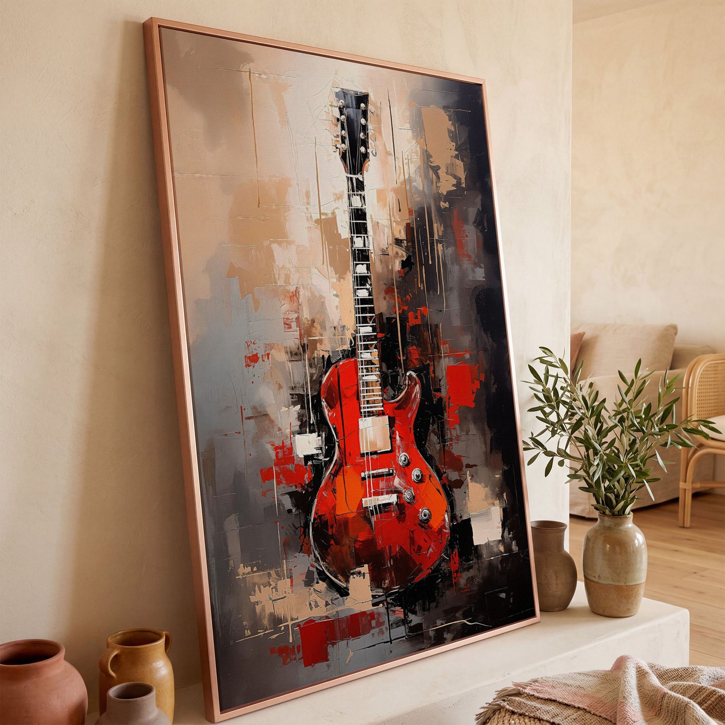 Red Guitar Canvas Print for Music Rooms and Studios in rose gold floating frame
