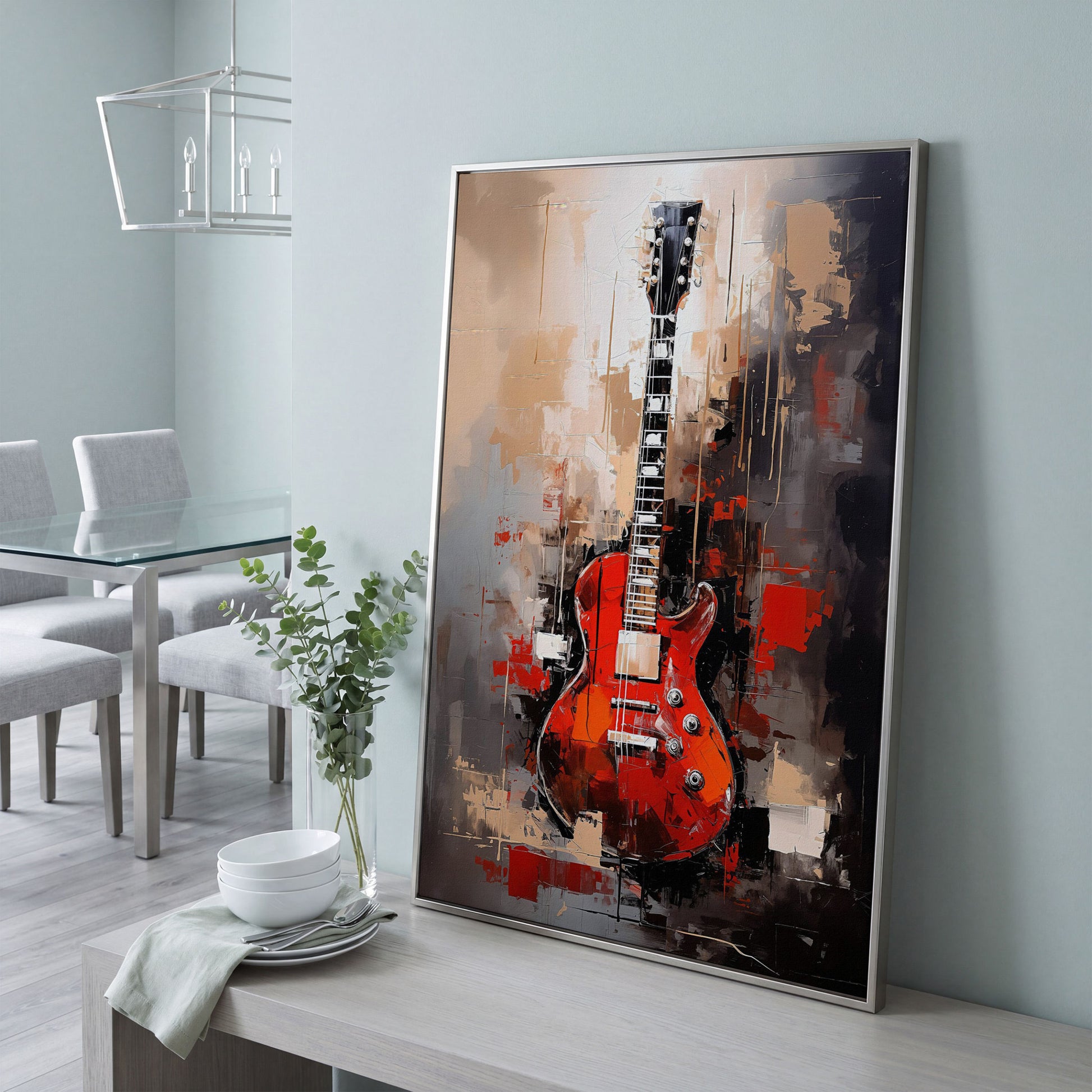 Red Guitar Canvas Print for Music Rooms and Studios in silver floating frame