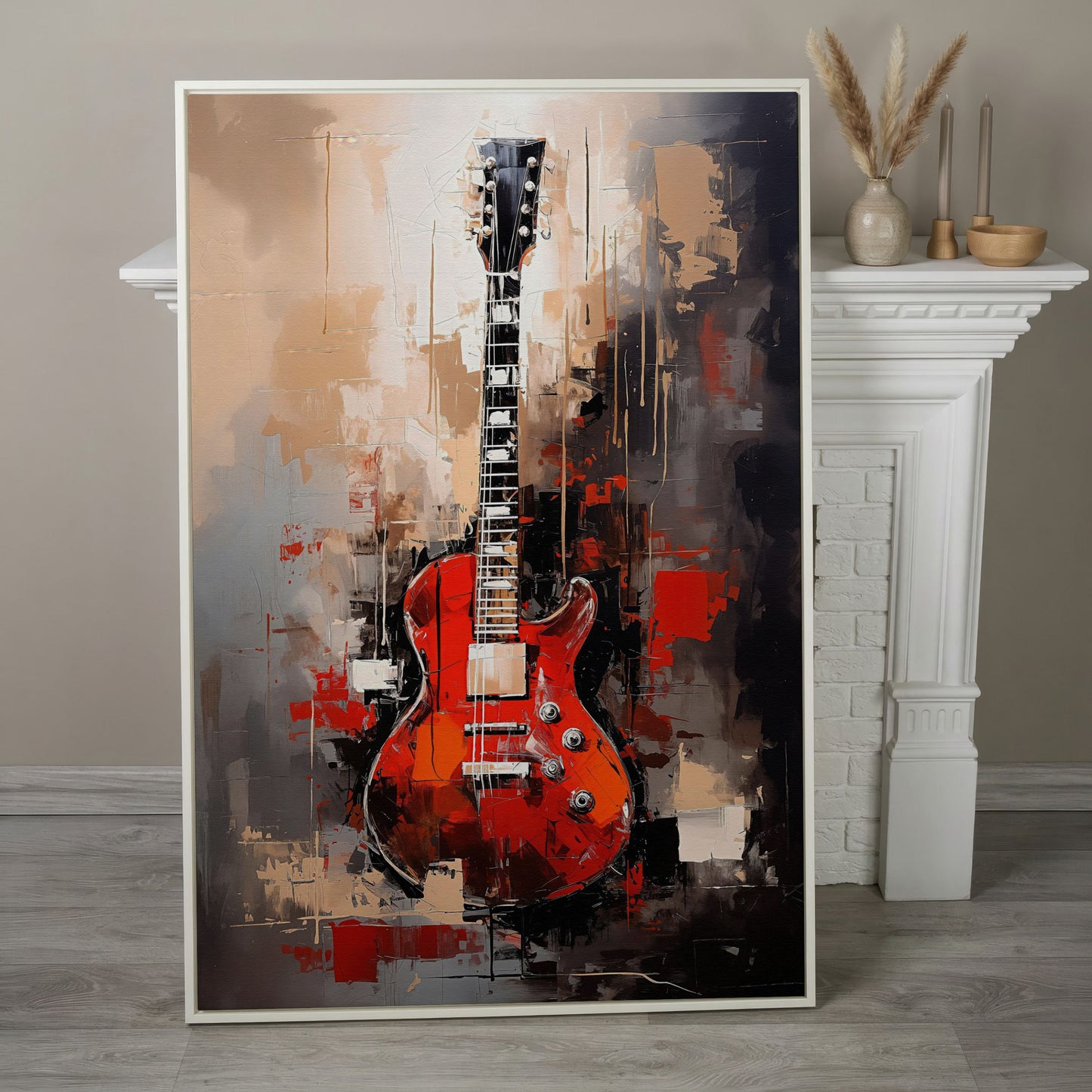 Red Guitar Canvas Print for Music Rooms and Studios in white floating frame