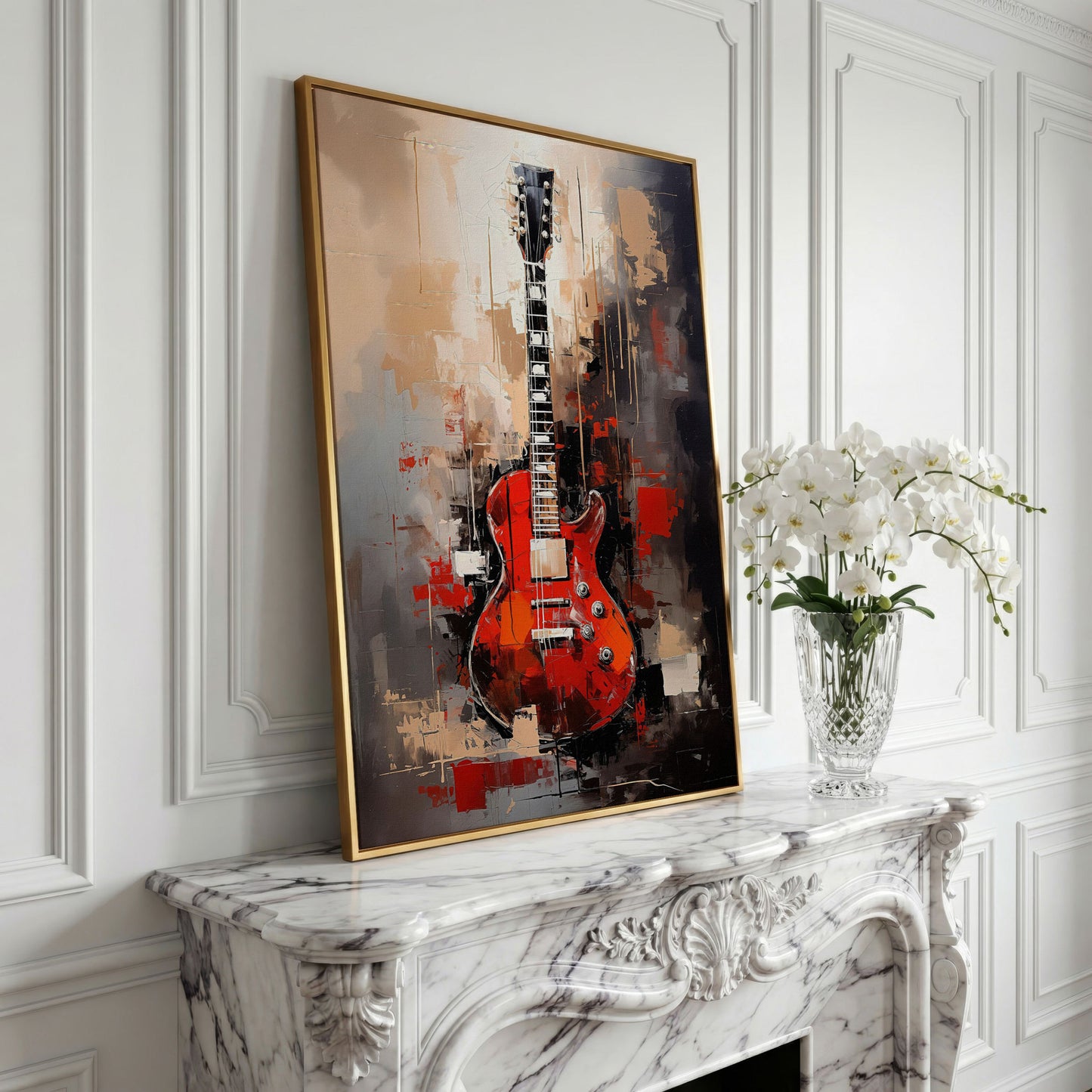 Red Guitar Canvas Print for Music Rooms and Studios in yellow gold floating frame