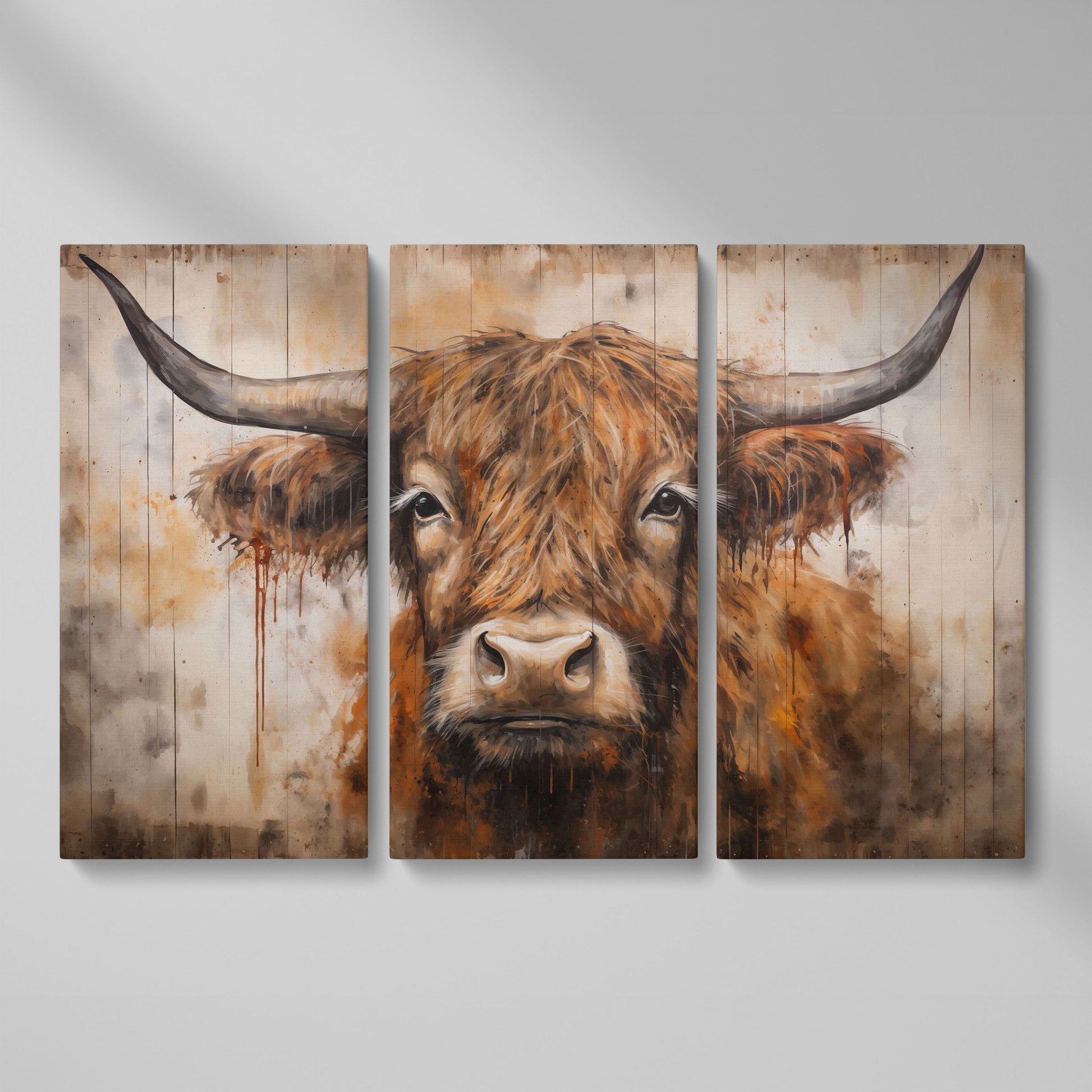 Highland Cow Canvas. Rustic Farmhouse Art as 3-panel split version