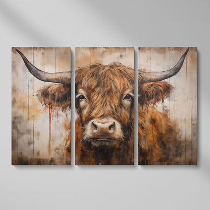 Highland Cow Canvas. Rustic Farmhouse Art as 3-panel split version