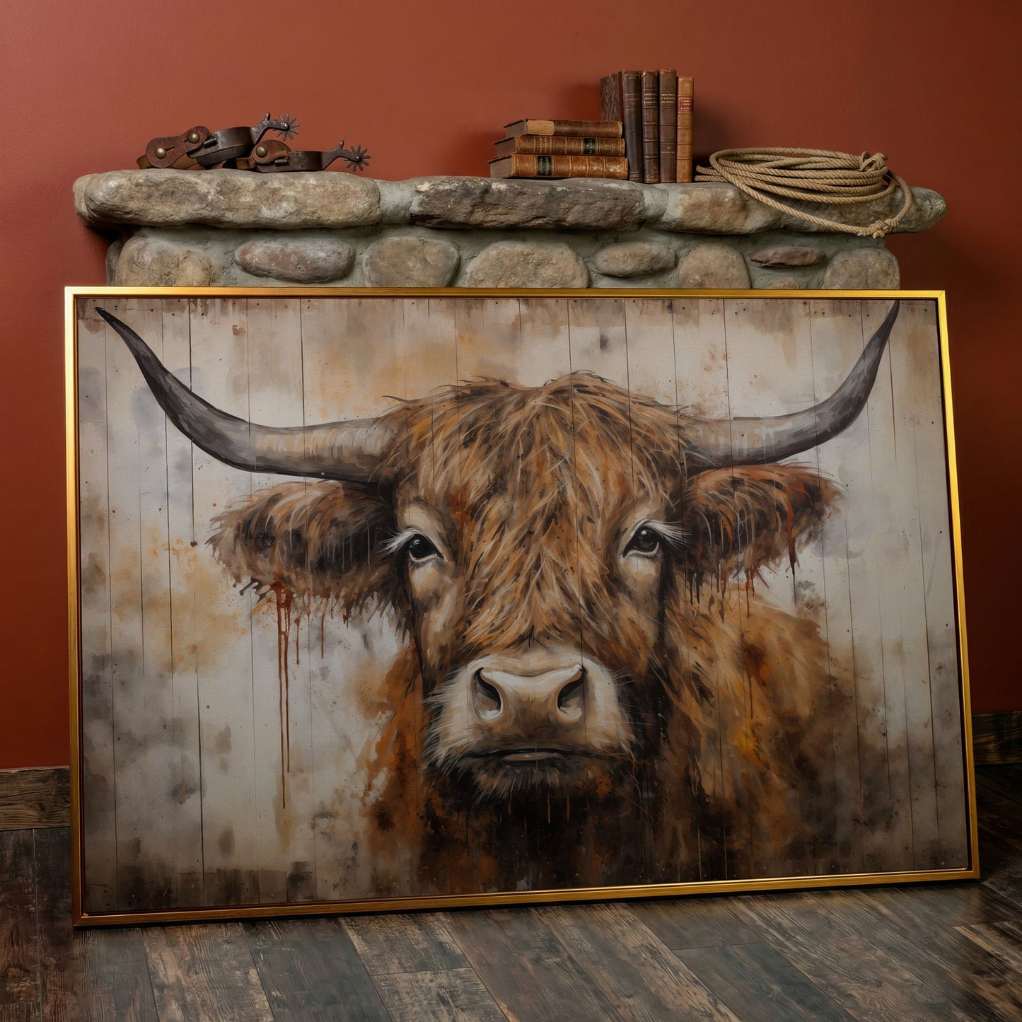 Highland Cow Canvas. Rustic Farmhouse Art in antique gold floating frame