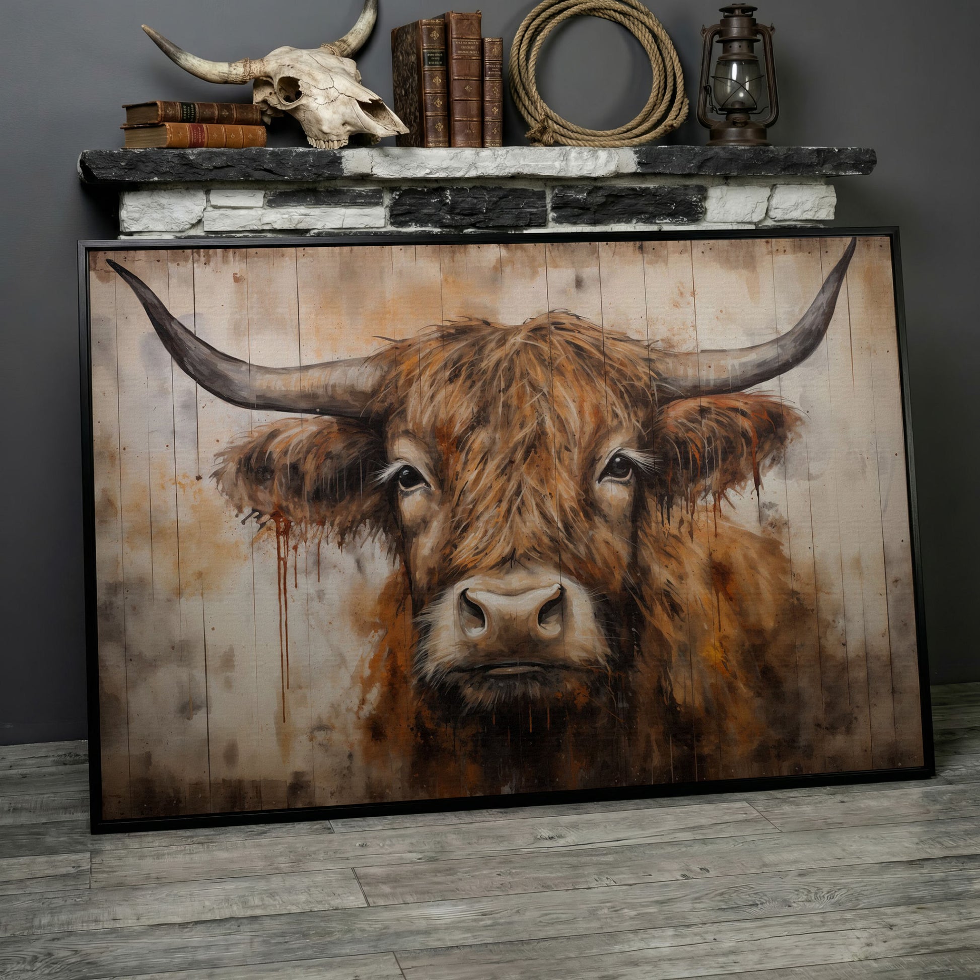 Highland Cow Canvas. Rustic Farmhouse Art in black floating frame