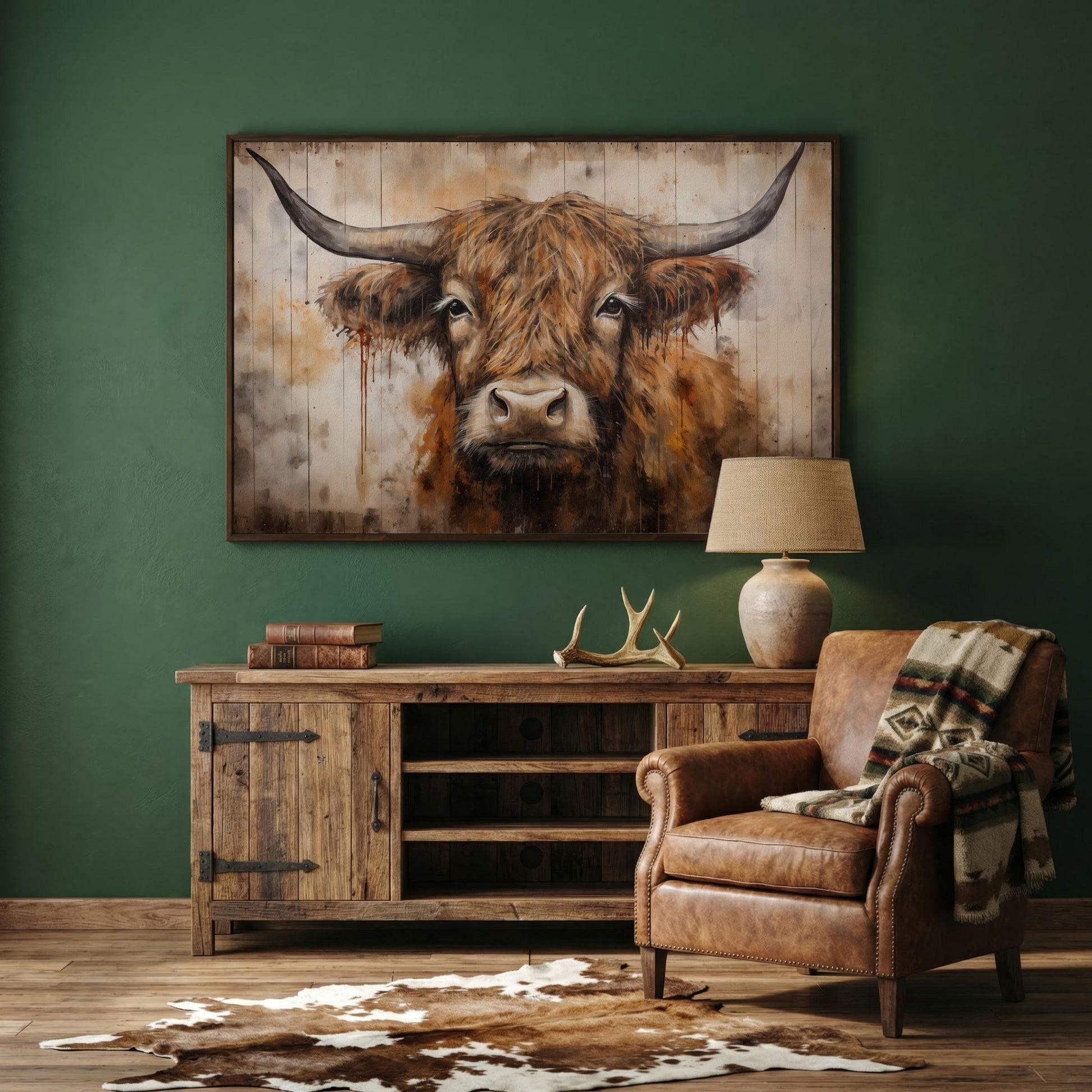 Highland Cow Canvas. Rustic Farmhouse Art in dark walnut floating frame