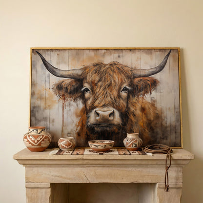 Highland Cow Canvas. Rustic Farmhouse Art in white oak floating frame