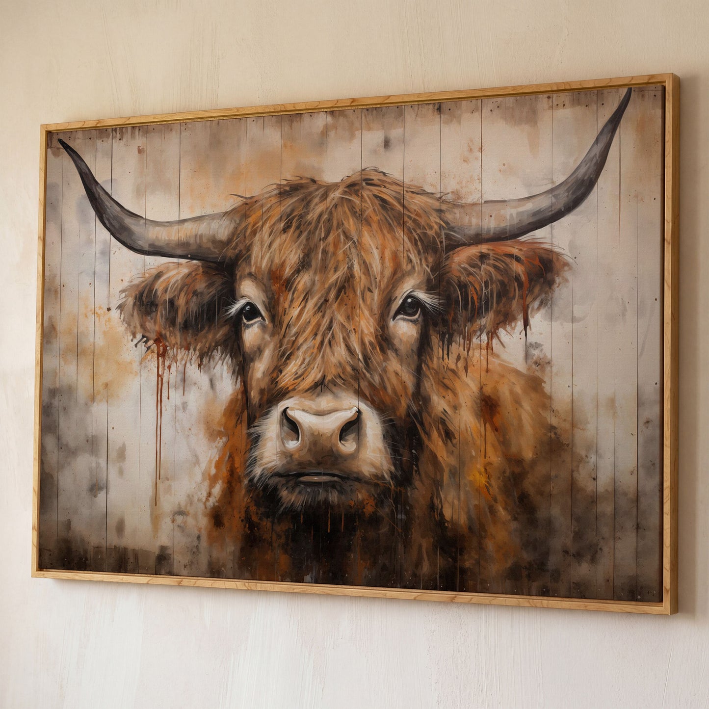 Highland Cow Canvas. Rustic Farmhouse Art shown in white oak floating frame