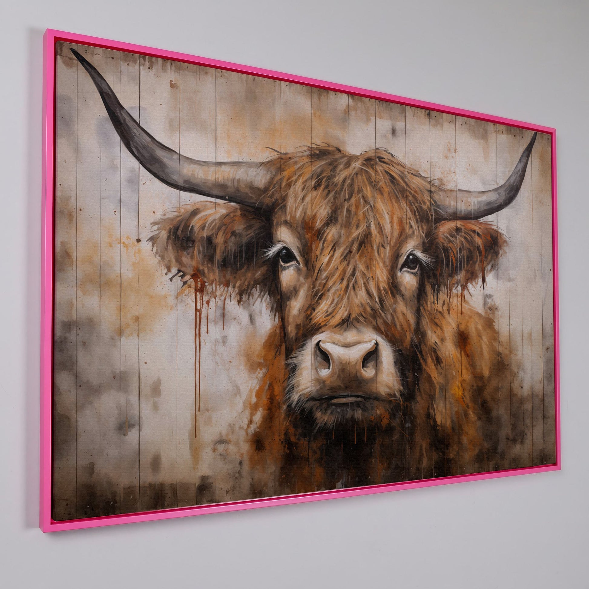 Highland Cow Canvas. Rustic Farmhouse Art in pink floating frame