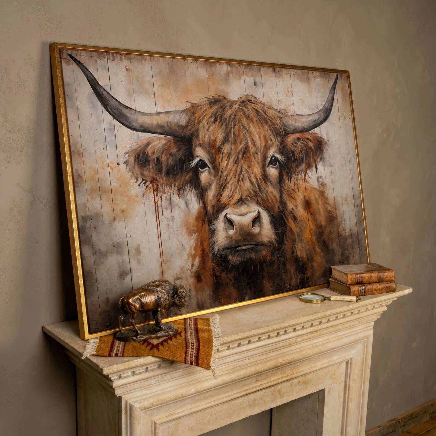 Highland Cow Canvas. Rustic Farmhouse Art in rose gold floating frame