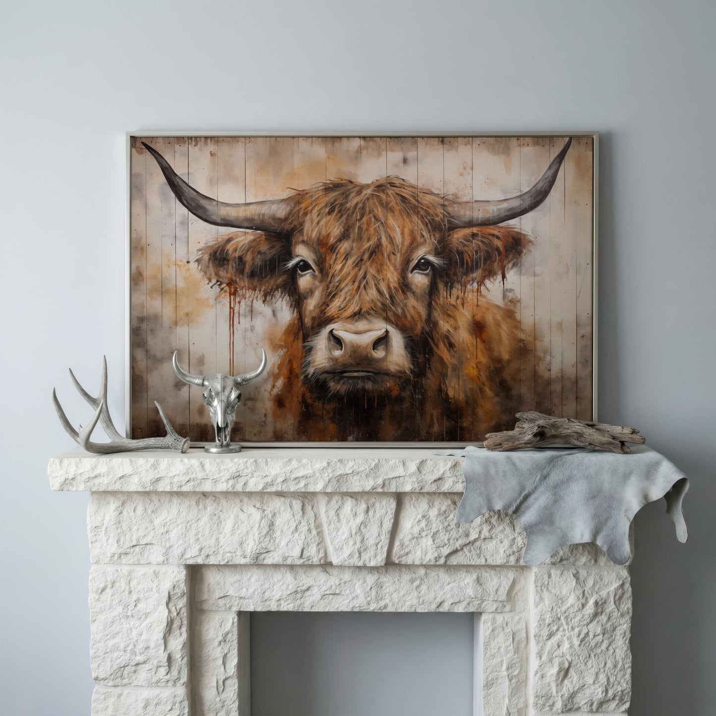 Highland Cow Canvas. Rustic Farmhouse Art in silver floating frame