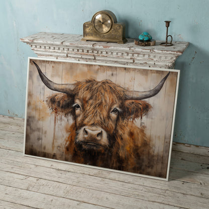Highland Cow Canvas. Rustic Farmhouse Art in white floating frame
